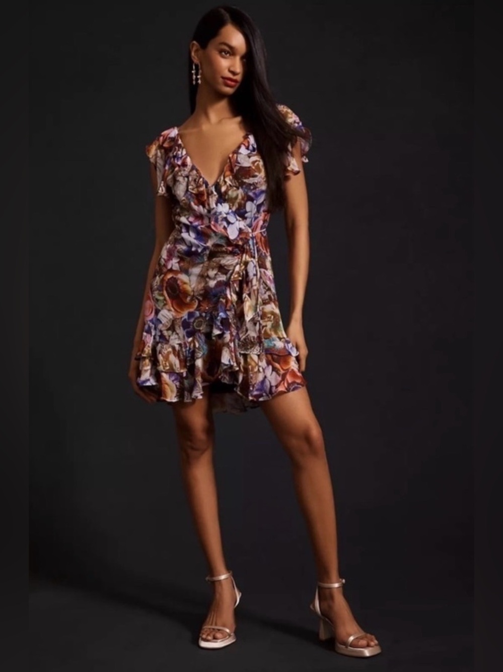 Anthropologie Purple Floral Ruffle Wrap Mini Dress Medium Tie Waist Resort Style